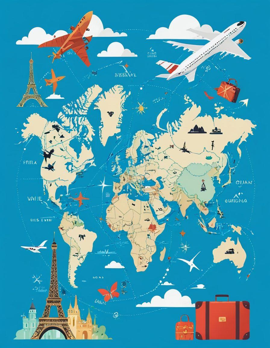 A whimsical illustration of a world map with airplane trails crisscrossing over famous landmarks like the Eiffel Tower and the Great Wall of China, surrounded by scattered travel essentials like a suitcase, passport, and a compass. The sky is a vibrant blue with fluffy clouds and paper airplanes soaring above. Emphasize affordability with visual elements like price tags and discounts. vector art. vibrant colors. white background.