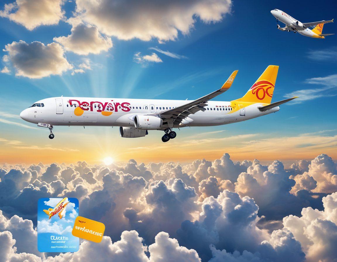 A captivating collage featuring a Pegasus Airlines airplane soaring through a bright sky, surrounded by flight promotion graphics and last-minute deal symbols. In the foreground, a triumphant traveler holds a smartphone with the Pegasus booking app open, showcasing attractive flight deals. Bright colors and dynamic elements to convey excitement and adventure. whimsical travel-themed illustrations like luggage, clouds, and destinations. vibrant colors. super-realistic.