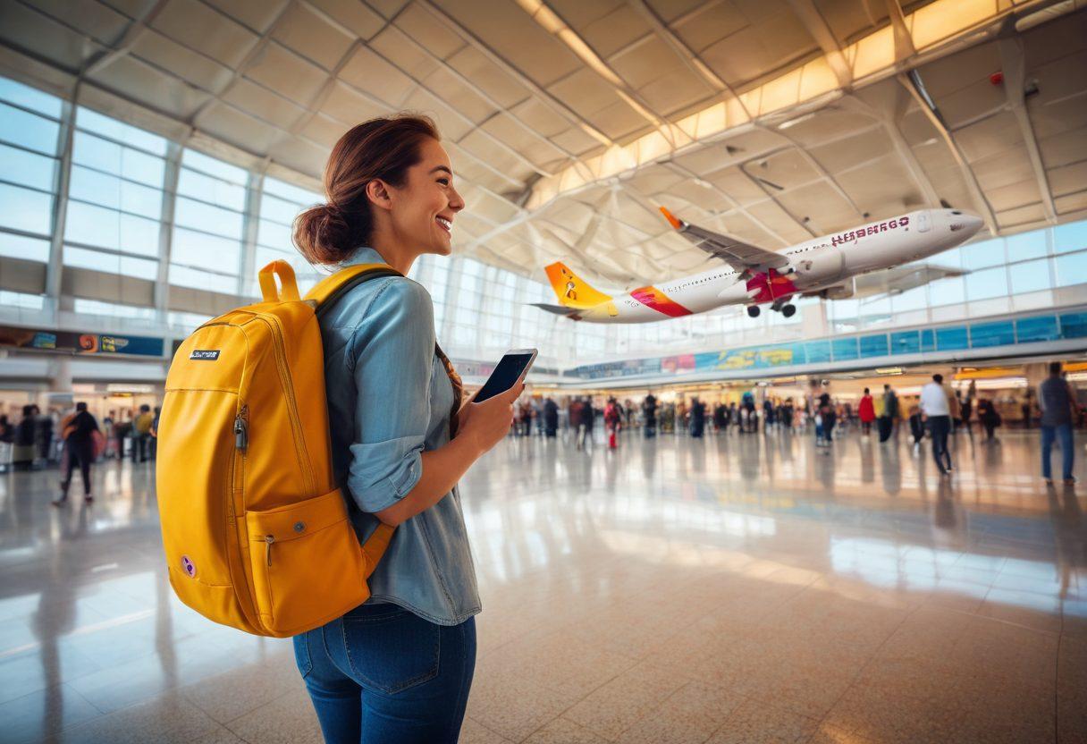 A dynamic scene featuring a traveler joyfully exploring an airport, a Pegasus Airlines plane in the background. The traveler holds a smartphone displaying a flight booking app filled with discounts and insider tips. Colorful travel gear like a backpack and camera scattered around, creating an atmosphere of adventure and excitement. Include imagery of landmarks in the distance symbolizing various affordable destinations. vibrant colors. super-realistic.